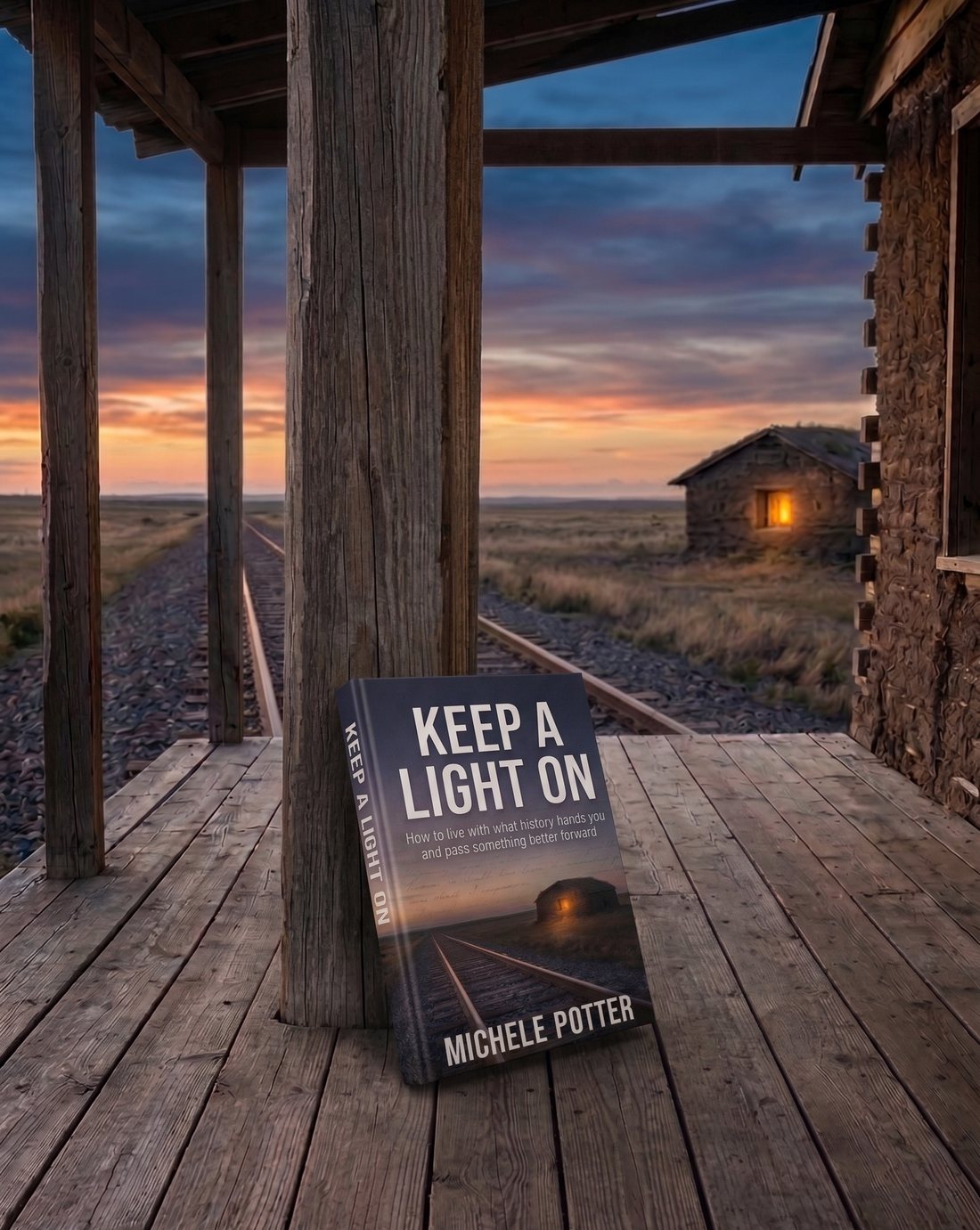 The book Keep a Light On propped on the boards of a weathered prairie depot at dusk, railroad tracks running to the horizon and a single lit window in a stone house beyond.